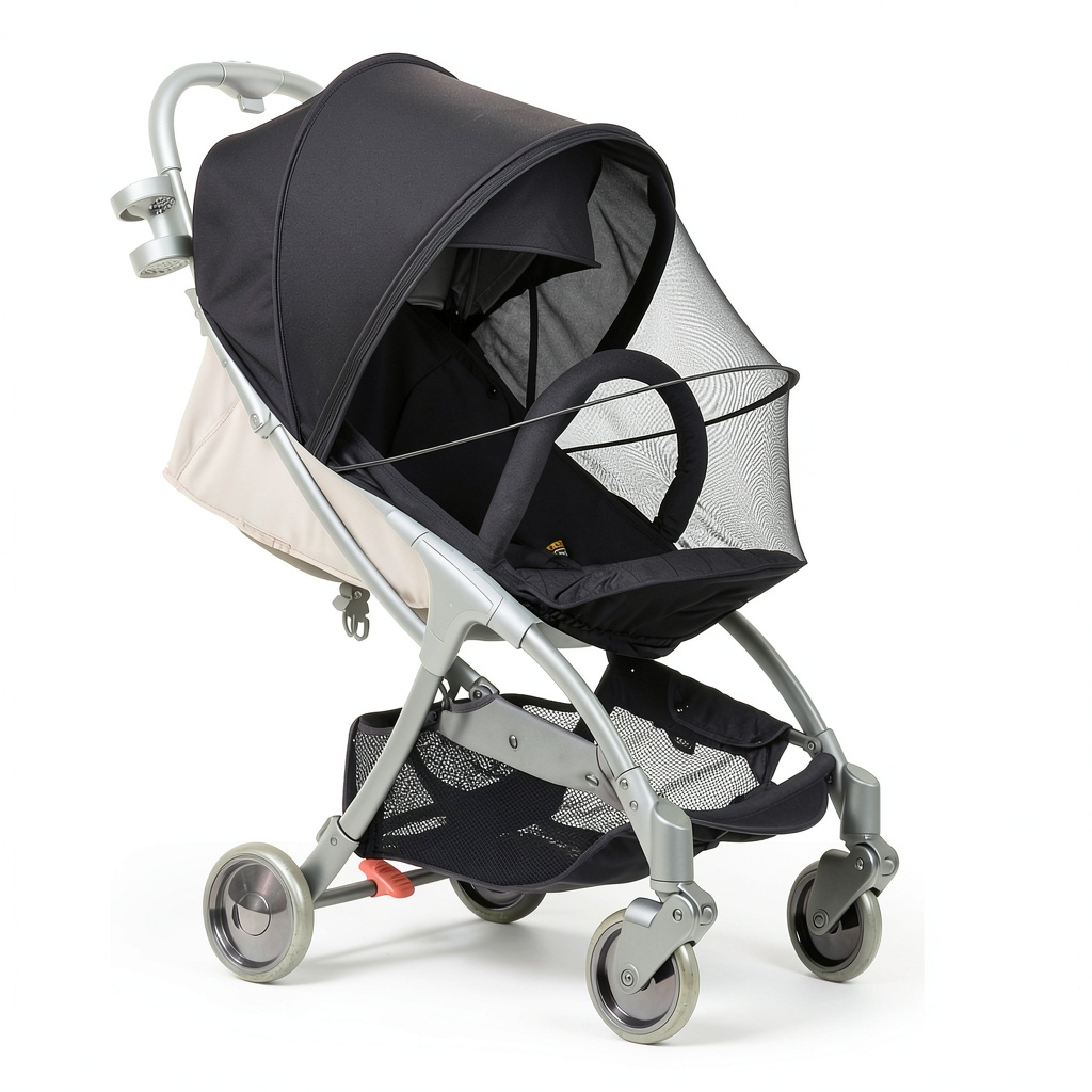 Baby sunshade and mosquito net combo in use