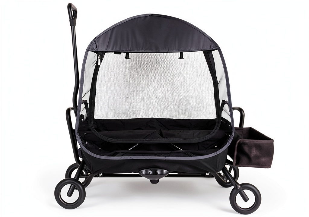 Installing BESTEN stroller insect net on a standard metal-frame wagon in a backyard