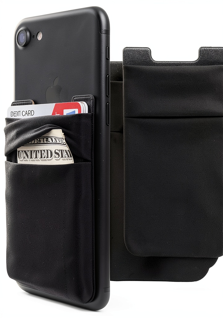 Installing Wensor Direct Phone Card Holder Black Elastic Pouch on a wooden desk