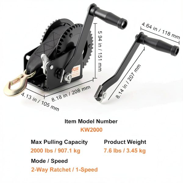 VEVOR Rope Crank, 800 LBS Capacity Heavy Duty Hand Winch with 33 FT Steel Wire Cable and Alloy Hook, w/ 2-Gear Two-Way Manual Operated Ratchet, for ATVs Boats Trailers Trucks Auto Marine-6